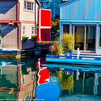 Buy canvas prints of Floating Home Village Red Blue Brown Houseboats Victoria Canada by William Perry