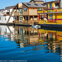 Buy canvas prints of Floating Home Village Yellow Brown Houseboats Victoria Canada by William Perry