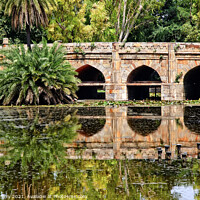 Buy canvas prints of Athpula Stone Bridge Reflection  Lodi Gardens New Delhi India by William Perry