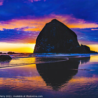 Buy canvas prints of Colorful Sunset Haystack Rock Reflection Canon Beach Oregon by William Perry