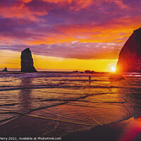Buy canvas prints of Colorful Sunset Dancing Sun Haystack Rock Sea Stacks Canon Beach by William Perry