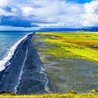 Buy canvas prints of Green Pastures Houses Reynisfjara Black Sand Beach Iceland by William Perry