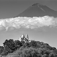 Buy canvas prints of Black White Our Lady Remedies Church Volcano Cholulu Puebla Mexi by William Perry
