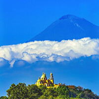 Buy canvas prints of Colorful Yellow Our Lady of Remedies Church Volcano Cholulu Mexi by William Perry