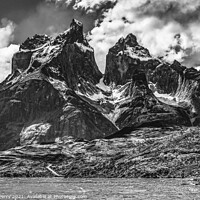 Buy canvas prints of Black White Pehoe Lake Paine Horns Torres del Paine National Par by William Perry