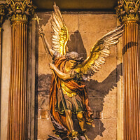 Buy canvas prints of Saint Michael Statue Metropolitan Cathedral Basilica Santiago Ch by William Perry
