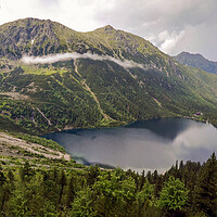 Buy canvas prints of Wide angle top view of Morskie Oko naturally formed lake pond in Tatra Mountains in Poland. High mountain landscape with dramatic clouds covered with snow and trees at national park High Tatras Europe by Arpan Bhatia
