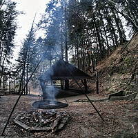 Buy canvas prints of South Poland: Barbecue location in the middle of the forest surrounded with tall trees. Wilderness wide angle view of smoke coming from fire against abandoned shed in the peaceful environment by Arpan Bhatia
