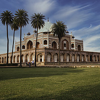 Buy canvas prints of Humayun tomb behind palm tree and dramatic blue sk by Arpan Bhatia