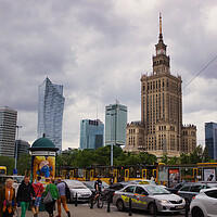 Buy canvas prints of Warsaw, Poland - June 01, 2017: Cityscape showing people and traffic against Palace of Culture and sciences one of the main travel attractions, symbol of Warsaw city located in central Europe by Arpan Bhatia