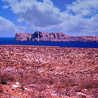 Buy canvas prints of Crete, Greece: Wide angle view of rocky terrain landscape in Mediterranean sea in Imeri Gramvousa which is small uninhabited island in coast of a peninsula also known as Peninsula by Arpan Bhatia