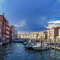 Buy canvas prints of Venice, Italy - September 03, 2018: Wide angle panorama shot of canal view from Rialto bridge by Arpan Bhatia