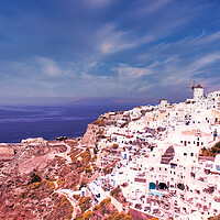 Buy canvas prints of Santorini, Greece - September 11, 2017: Wide angle panoramic view of Oia Santorini white buildings on the hillside facing north against the blue sky. Cityscape of famous greek island by Arpan Bhatia