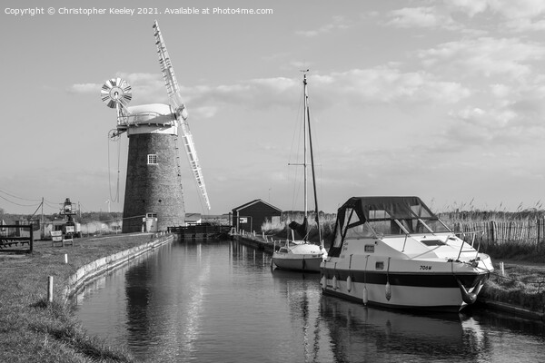 Black and white Horsey Windpump Picture Board by Christopher Keeley