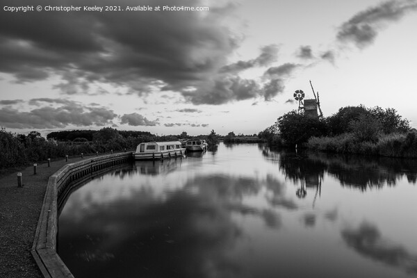 Black and white Norfolk Broads Turf Fen windmill Picture Board by Christopher Keeley