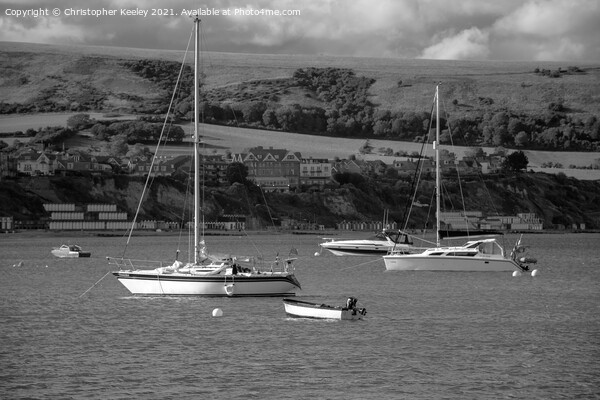 Black and white Swanage boats Picture Board by Christopher Keeley