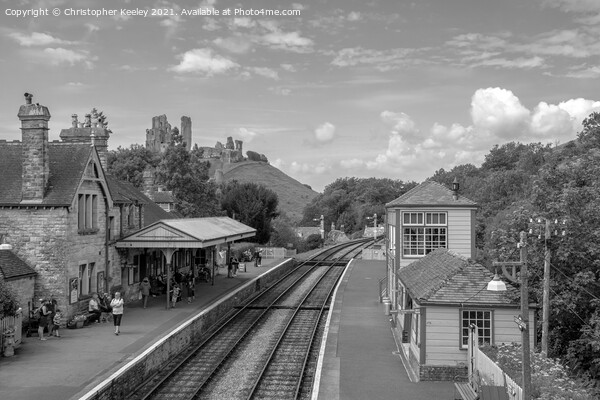 Monochrome Corfe Castle railway station Picture Board by Christopher Keeley