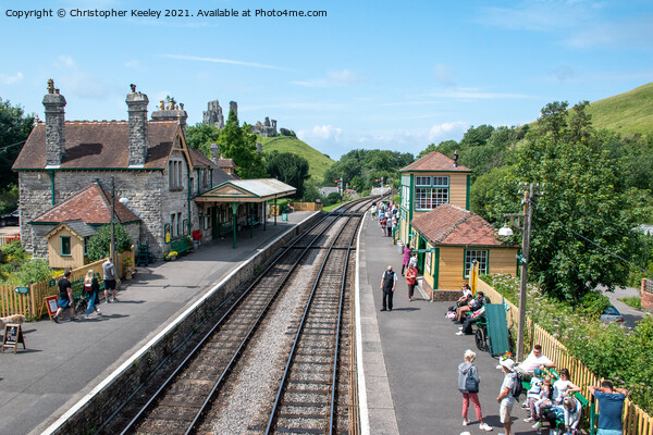 Summer at Corfe Castle railway station Picture Board by Christopher Keeley
