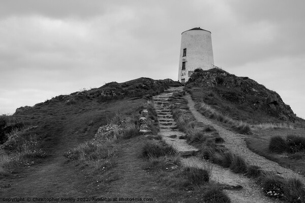 Monochrome Twr Mawr lighthouse Picture Board by Christopher Keeley