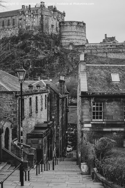 Edinburgh Castle from the Vennel in black and white Picture Board by Christopher Keeley