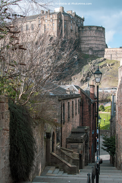 Down the steps to Edinburgh Castle Picture Board by Christopher Keeley