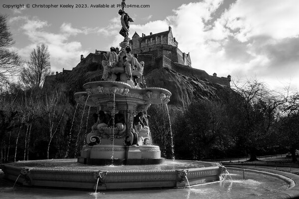 Ross Fountain and Edinburgh Castle in black and white Picture Board by Christopher Keeley