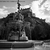 Buy canvas prints of Ross Fountain and Edinburgh Castle in black and white by Christopher Keeley