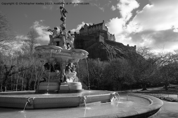 Edinburgh Castle and Ross Fountain in monochrome Picture Board by Christopher Keeley