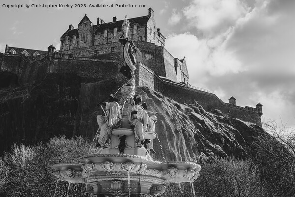 Edinburgh Castle and Ross Fountain views in black and white Picture Board by Christopher Keeley