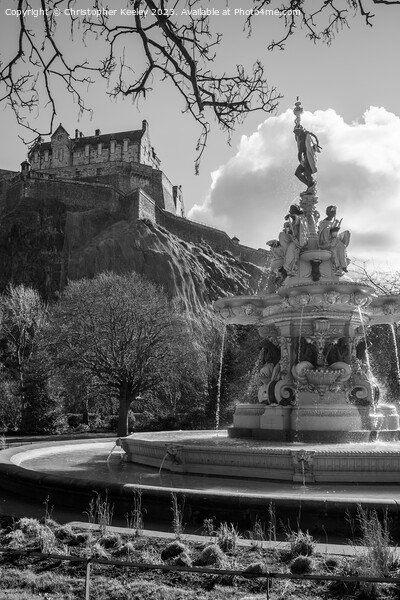 Moody Ross Fountain and Edinburgh Castle in black and white Picture Board by Christopher Keeley