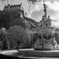 Buy canvas prints of Moody Ross Fountain and Edinburgh Castle in black and white by Christopher Keeley