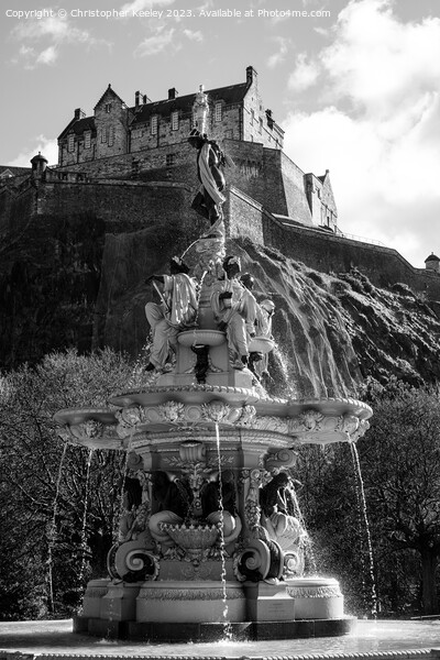 Edinburgh Castle and Ross Fountain in monochrome Picture Board by Christopher Keeley