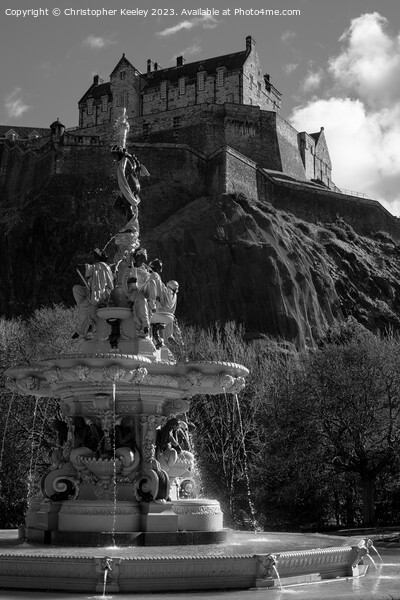 Fountain and Edinburgh Castle in black and white Picture Board by Christopher Keeley