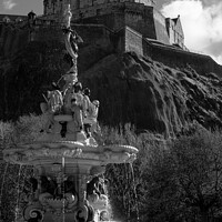 Buy canvas prints of Fountain and Edinburgh Castle in black and white by Christopher Keeley