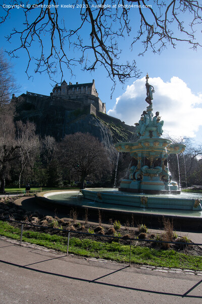 Spring sun over Edinburgh Castle and Ross Fountain Picture Board by Christopher Keeley