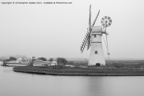 Monochrome Thurne Mill Picture Board by Christopher Keeley