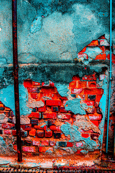 A damaged brick wall in digital red turquoise blue Picture Board by Hanif Setiawan