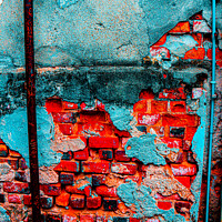 Buy canvas prints of A damaged brick wall in digital red turquoise blue by Hanif Setiawan