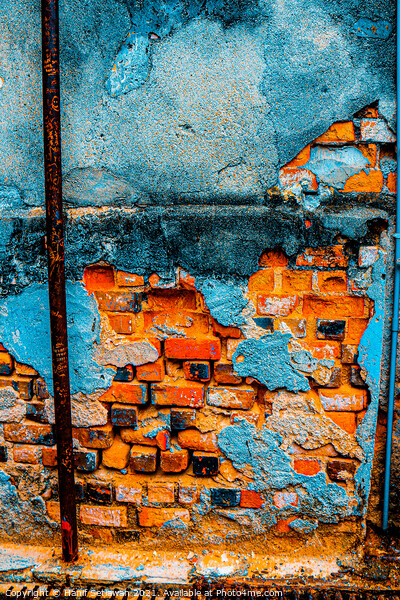 A damaged brick wall in digital brown turquoise bl Picture Board by Hanif Setiawan