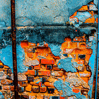 Buy canvas prints of A damaged brick wall in digital brown turquoise bl by Hanif Setiawan