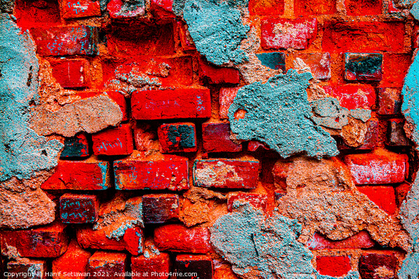 A damaged brick wall in digital red turquoise blue Picture Board by Hanif Setiawan