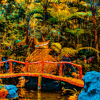 Buy canvas prints of A bamboo bridge at a fish pond in the rain forest  by Hanif Setiawan