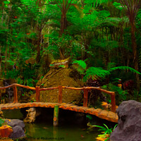 Buy canvas prints of A bamboo bridge at a fish pond in the rain forest  by Hanif Setiawan