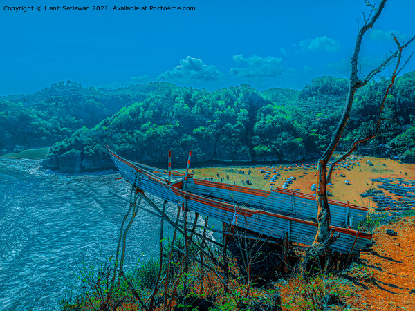 A bamboo fishing boat as high view point over the lagoon beach Baron. Picture Board by Hanif Setiawan