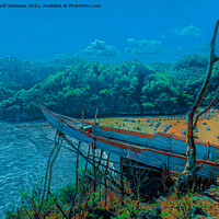 Buy canvas prints of A bamboo fishing boat as high view point over the lagoon beach Baron. by Hanif Setiawan