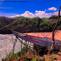 Buy canvas prints of A bamboo fishing boat as high view point over the  by Hanif Setiawan