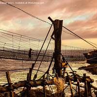 Buy canvas prints of A man on a swinging rope foot bridge. by Hanif Setiawan