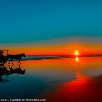 Buy canvas prints of Horse-drawn carriage at sunset on beach by Hanif Setiawan