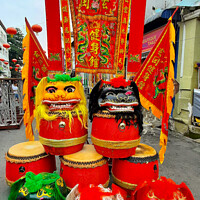 Buy canvas prints of Chinese dragon masks drums and flags by Hanif Setiawan