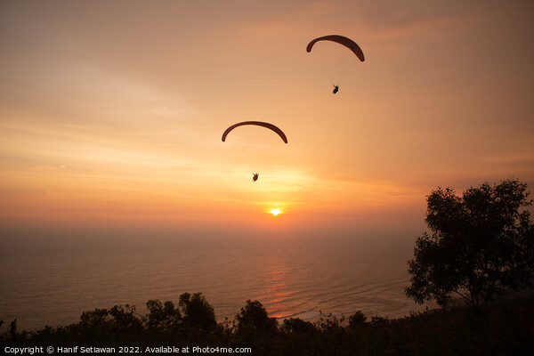 Two paraglider over treetops and ocean at sunset Picture Board by Hanif Setiawan